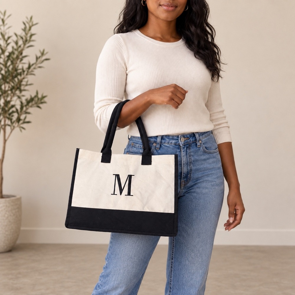 Monogram Initial M Canvas Tote Bag Cream Black Color Block Everyday Carryall